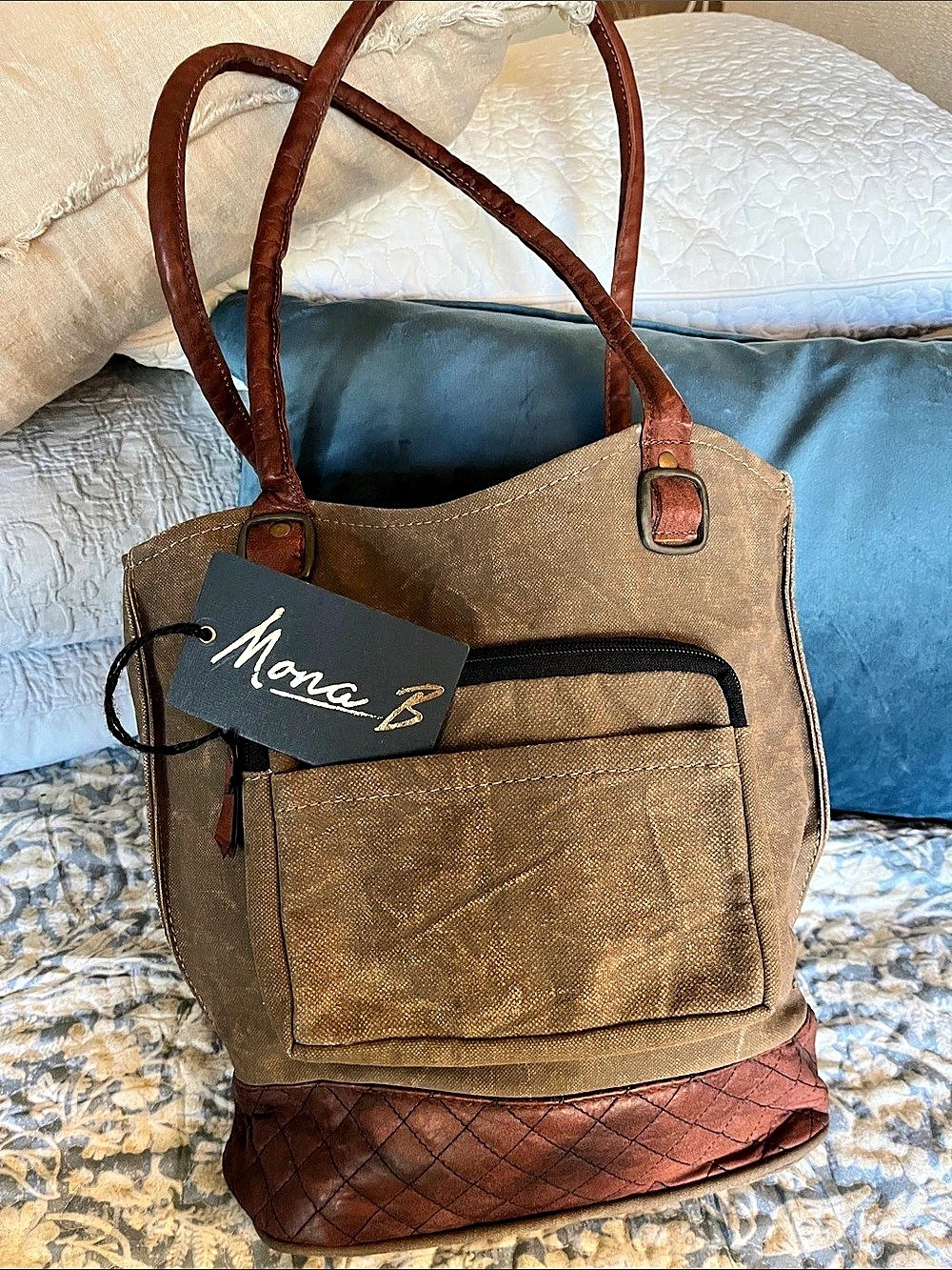 Mona B - Oiled Canvas Recycled Purse with leather accents, shoulder or backpack
